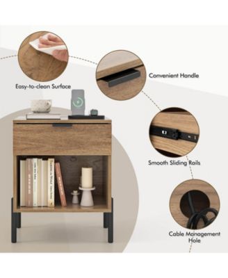 1PC Nightstand with Charging Station Drawer Compartment Modern Side End Table