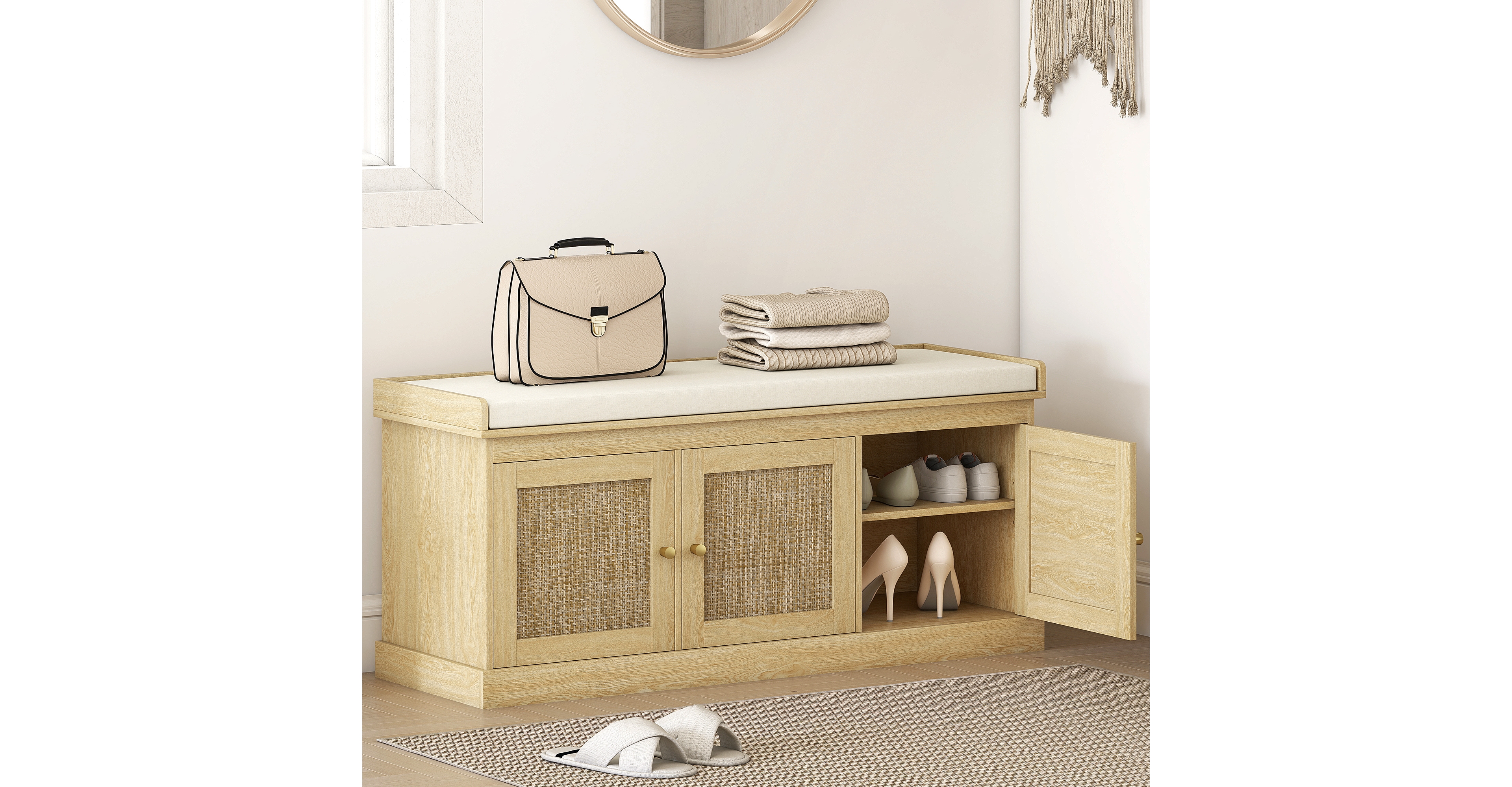Homcom Shoe Bench with Rat Doors, Cushion, Entryway Storage,