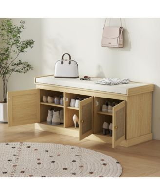 Shoe Bench with Rat Doors, Cushion, Entryway Shoe Storage,