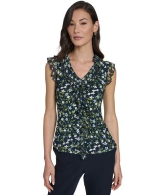Women's Floral Vine Mixed Media Ruffle Top
