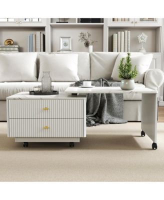 Extendable Coffee Table with Storage, Reversible Living Room Table with 2 Drawers and with 6 Wheels