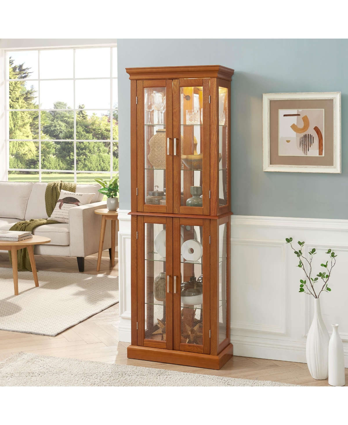 Lovmor Transitional Display Cabinet with Adjustable Shelves Internal Lighting and Mirrored Back Panel