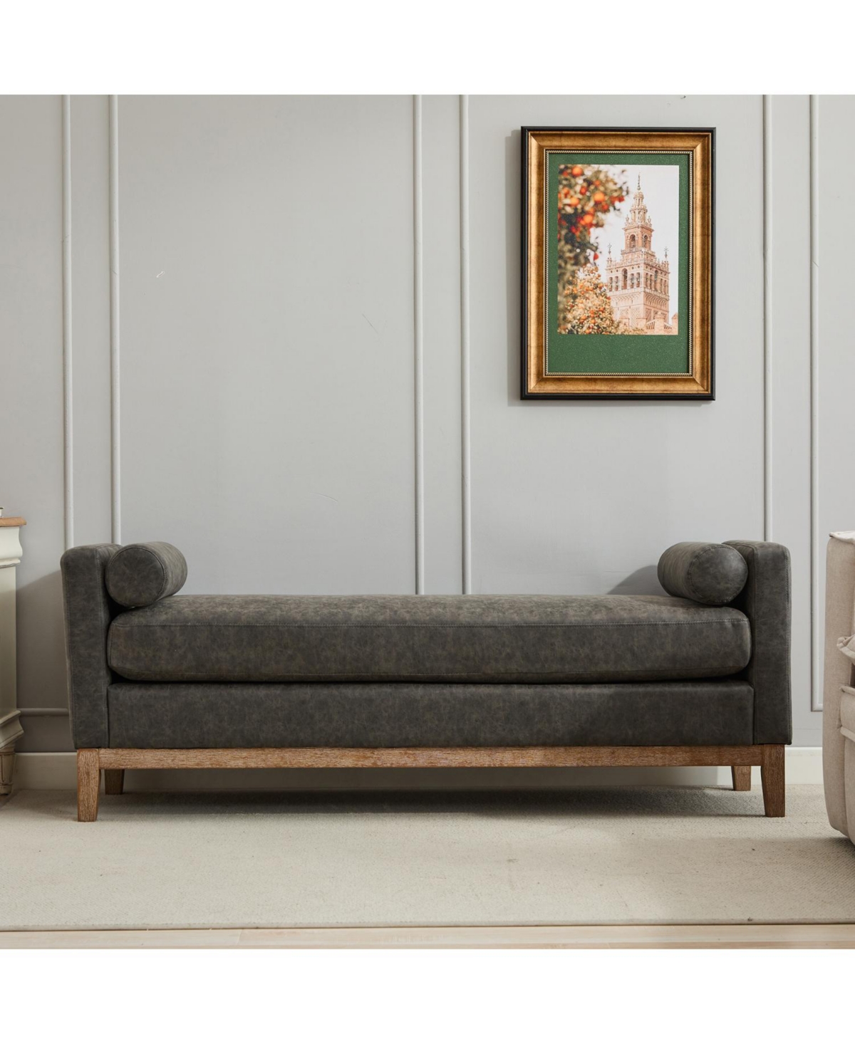 Streamdale Furniture Upholstered Bench/Daybed with Wood Legs & Bolsters - Gray Pu
