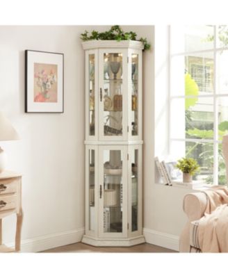 Lighted Corner Curio Cabinet - Glass Display, Adjustable Shelves - WHITE