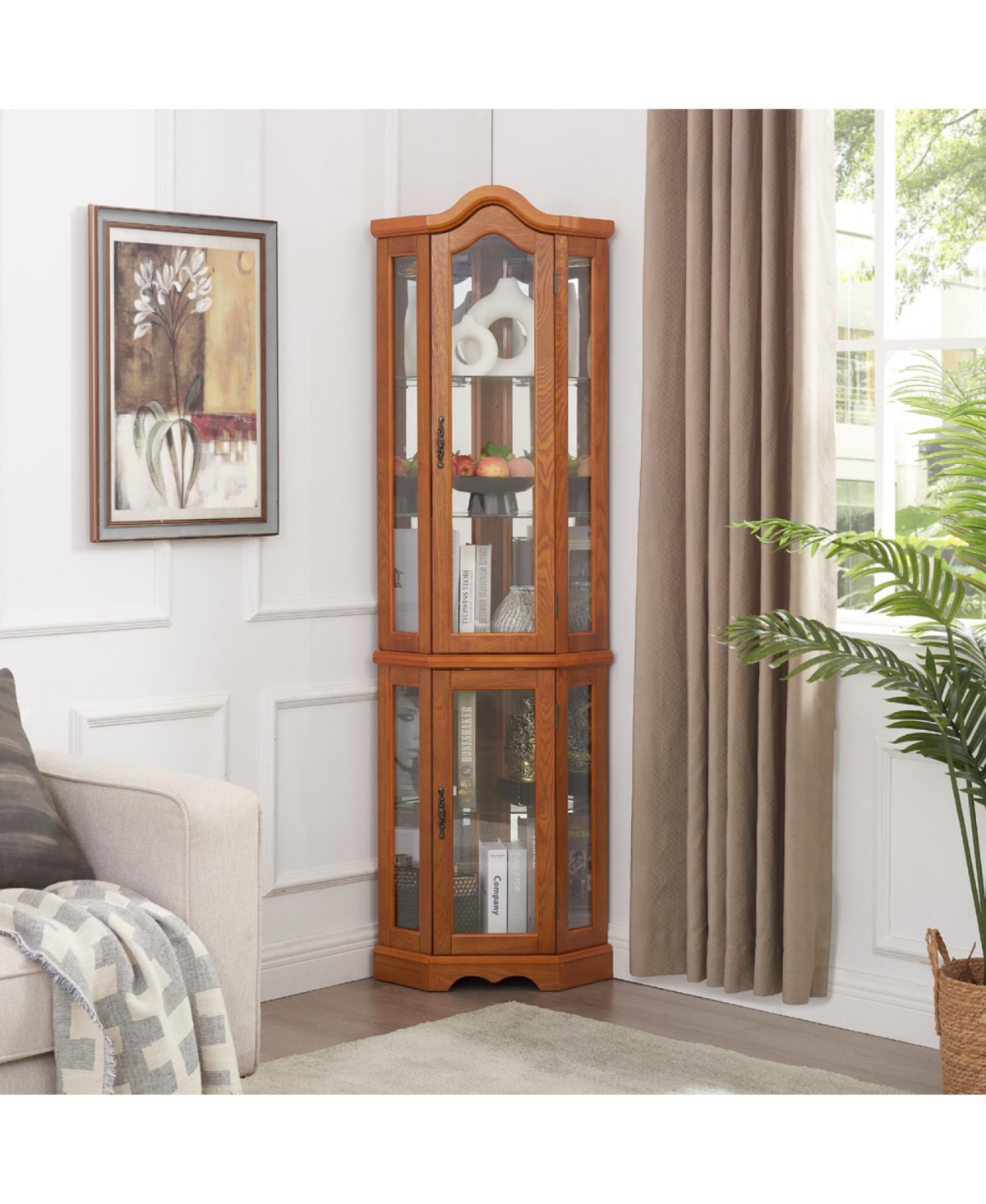 Streamdale Furniture Lighted Oak Curio Cabinet with Tempered Glass Doors & Shelves