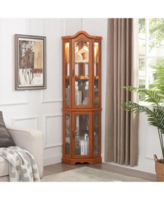 Lighted Oak Curio Cabinet with Tempered Glass Doors & Shelves