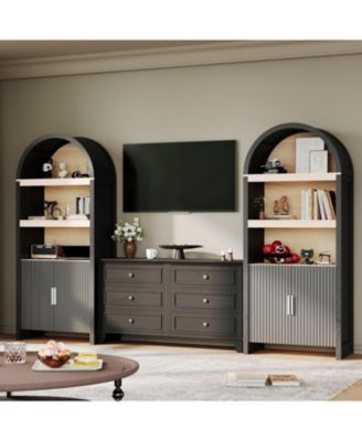 71in Tall Arched Bookcase, Modern 5 Tier Bookshelf Mid Century Arched Display Storage Cabinet with Fluted Doors Open Display Shelves, Black