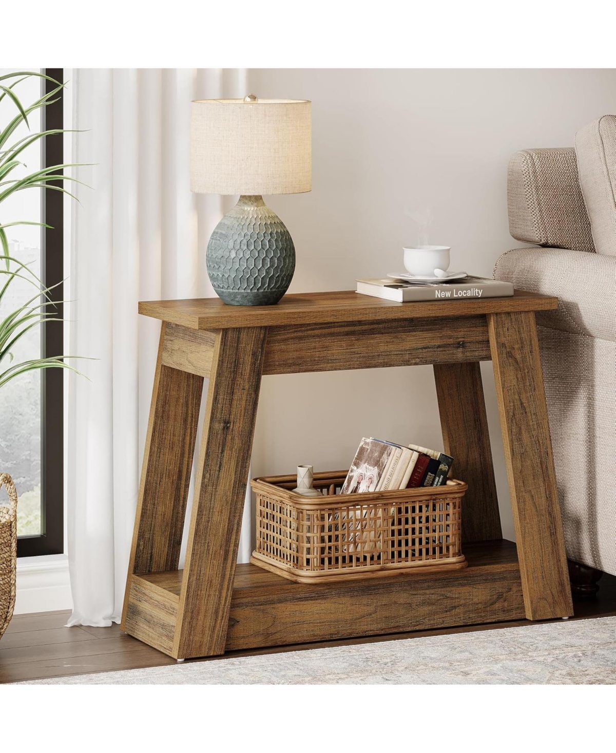 Tribesigns Wood End Table, Small Side Table with 2 Storage Shelves, Rustic Accent Narrow Nightstand for Living Room, Bedroom (1)