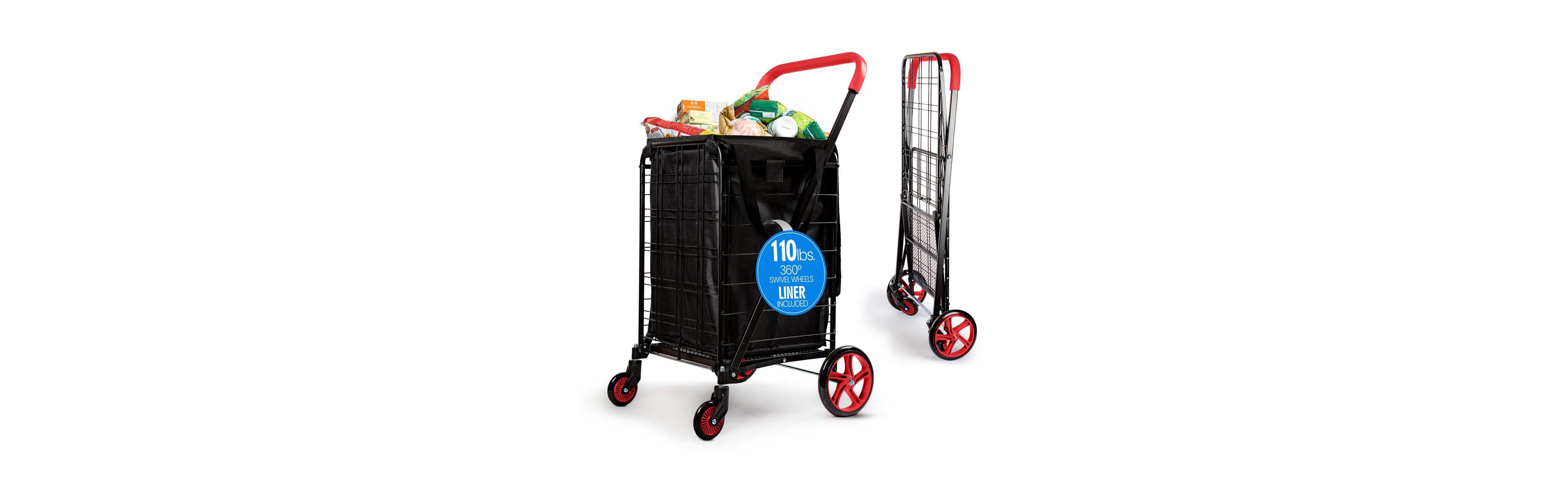 SereneLife Folding Utility Cart with Liner, Heavy-Duty, 360° Swivel Wheels, 70 lb Capacity, Portable for Groceries, Laundry & More (Black)