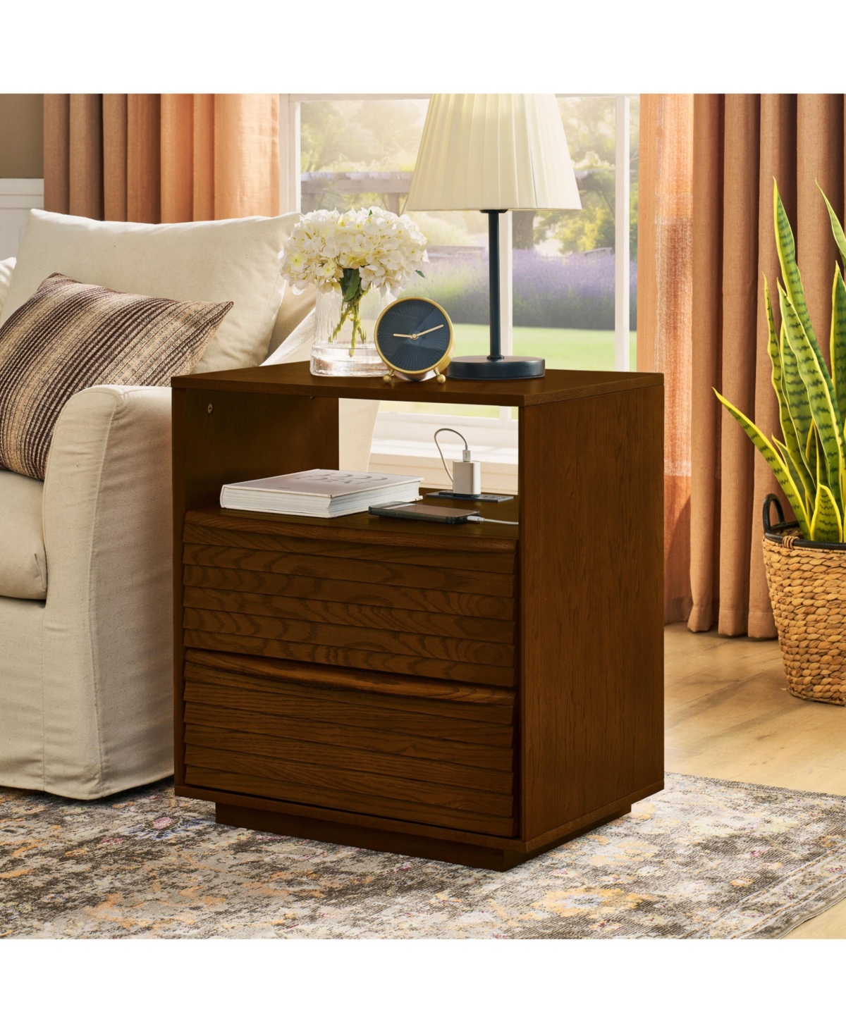 Lovmor Mid Century Nightstand 2 Drawers Usb Outlet Louver Wood Bedside End Table