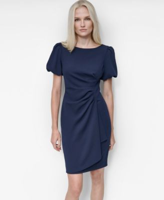 Women's Bubble Sleeve Scuba Crepe Ruched Sheath Dress