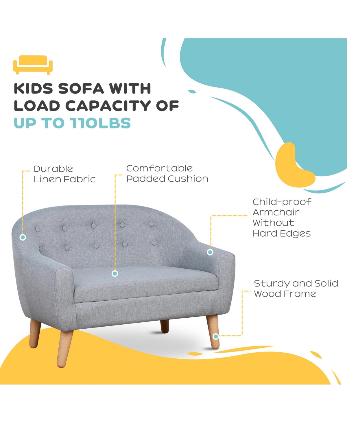 Qaba Cozy Children Sofa Couch Sturdy Wood 2 Seat Armrest Chair Kids Grey