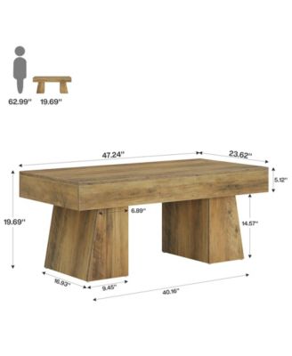 Farmhouse Coffee Table, 47 Inch Wooden Rectangular Center Table with Thick Base