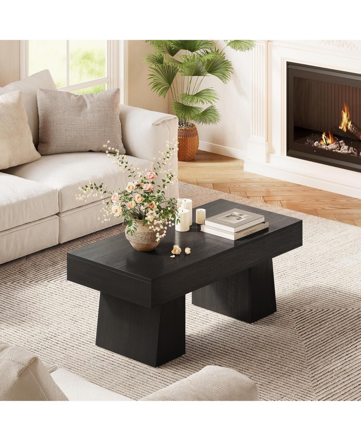 Tribesigns Farmhouse Coffee Table, 47 Inch Wooden Rectangular Center Table with Thick Base