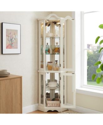 Lighted Corner Curio Cabinet - Tempered Glass - White