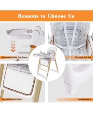 Plastic 2-in-1 Baby High Chair Rocker with 5-Point Harness, Foldable Infant Feeding Chair with Silent Locking Wheels and Removable 2-Tier Tray