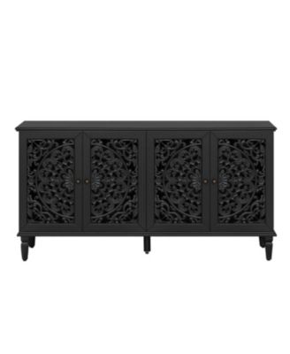 60" Antique Black Buffet Cabinet - Floral Carvings, Solid Wood Legs