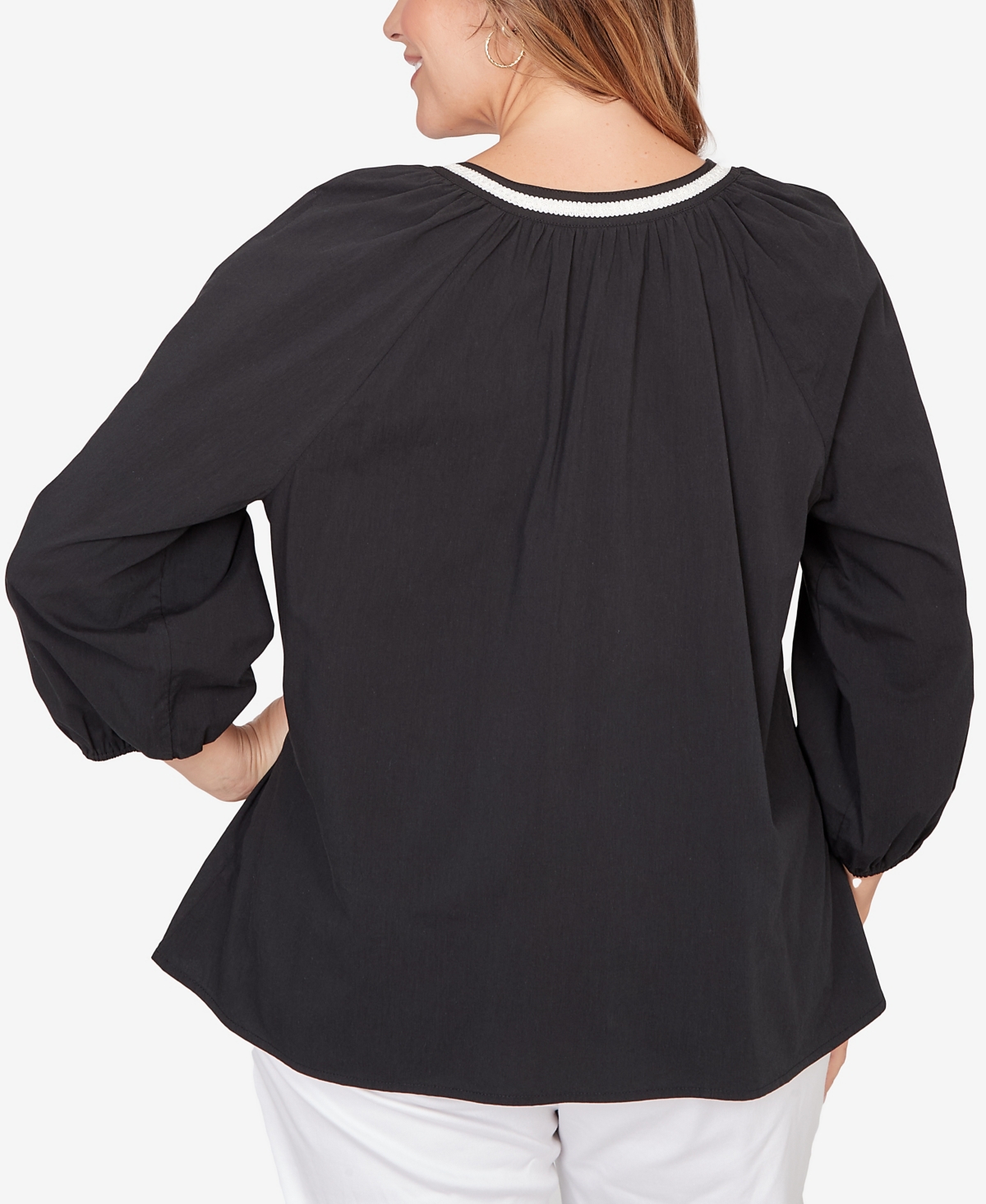 Ruby Rd. Plus Embroidered Soft Poplin Peasant 3/4 sleeves Top