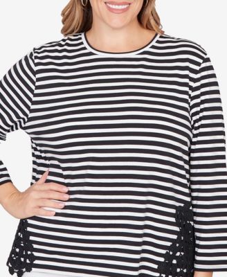 Plus Size Crew Neck Stripe Cotton Lace Applique Top