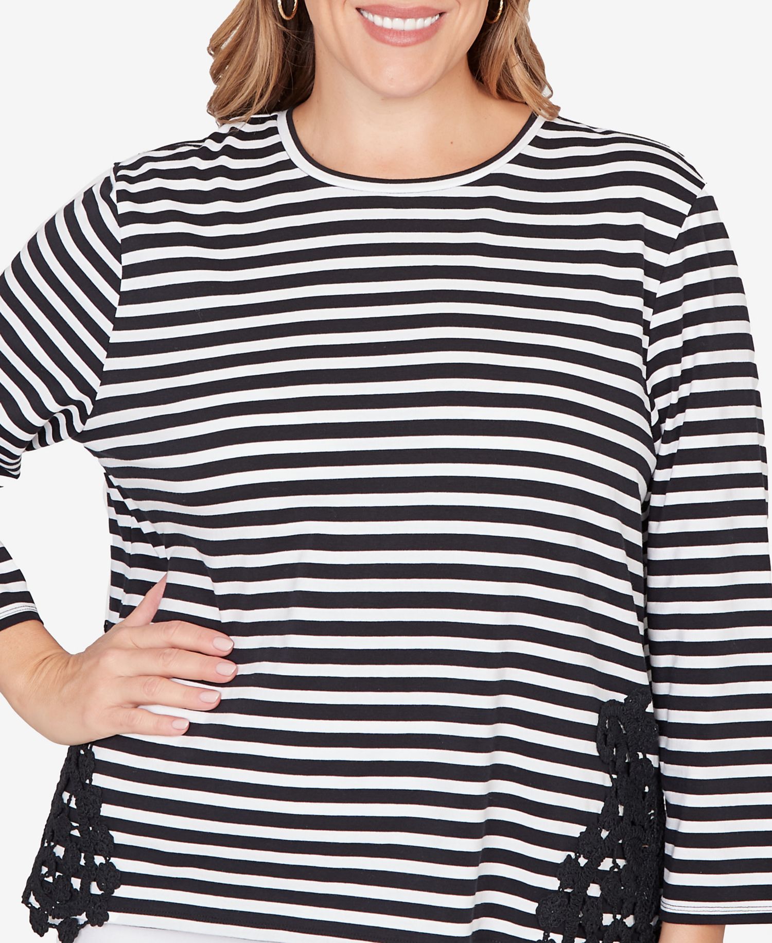 Plus Size Crew Neck Stripe Cotton Lace Applique Top