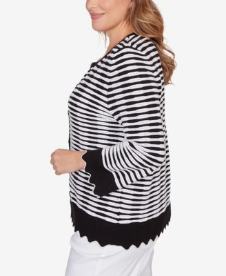 Plus Size Scallop Trim Striped Button Cardigan Sweater
