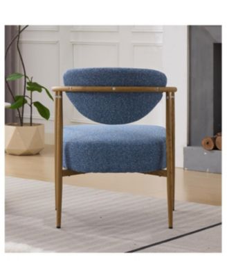 Blue fabric dining/living/bedroom chair with metal frame, wood grain visual.