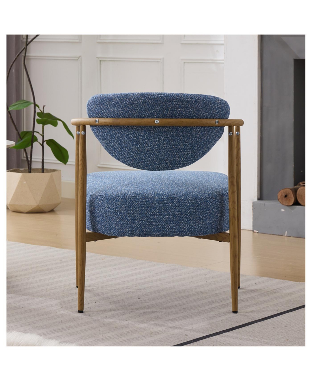 Streamdale Furniture Blue fabric dining/living/bedroom chair with metal frame, wood grain visual.