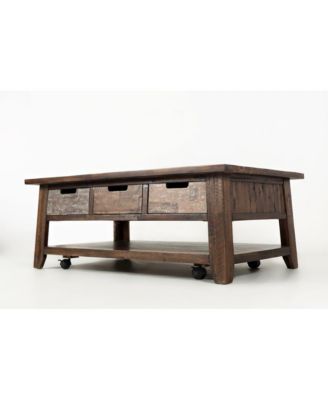 Rustic Solid Acacia 50" Coffee Table with Pull Through Drawers and Caster Wheels