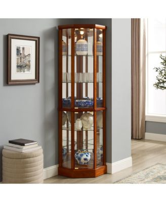 Corner Curio Cabinet with Mirrored Panel Tempered Glass Shelves and Transitional Style