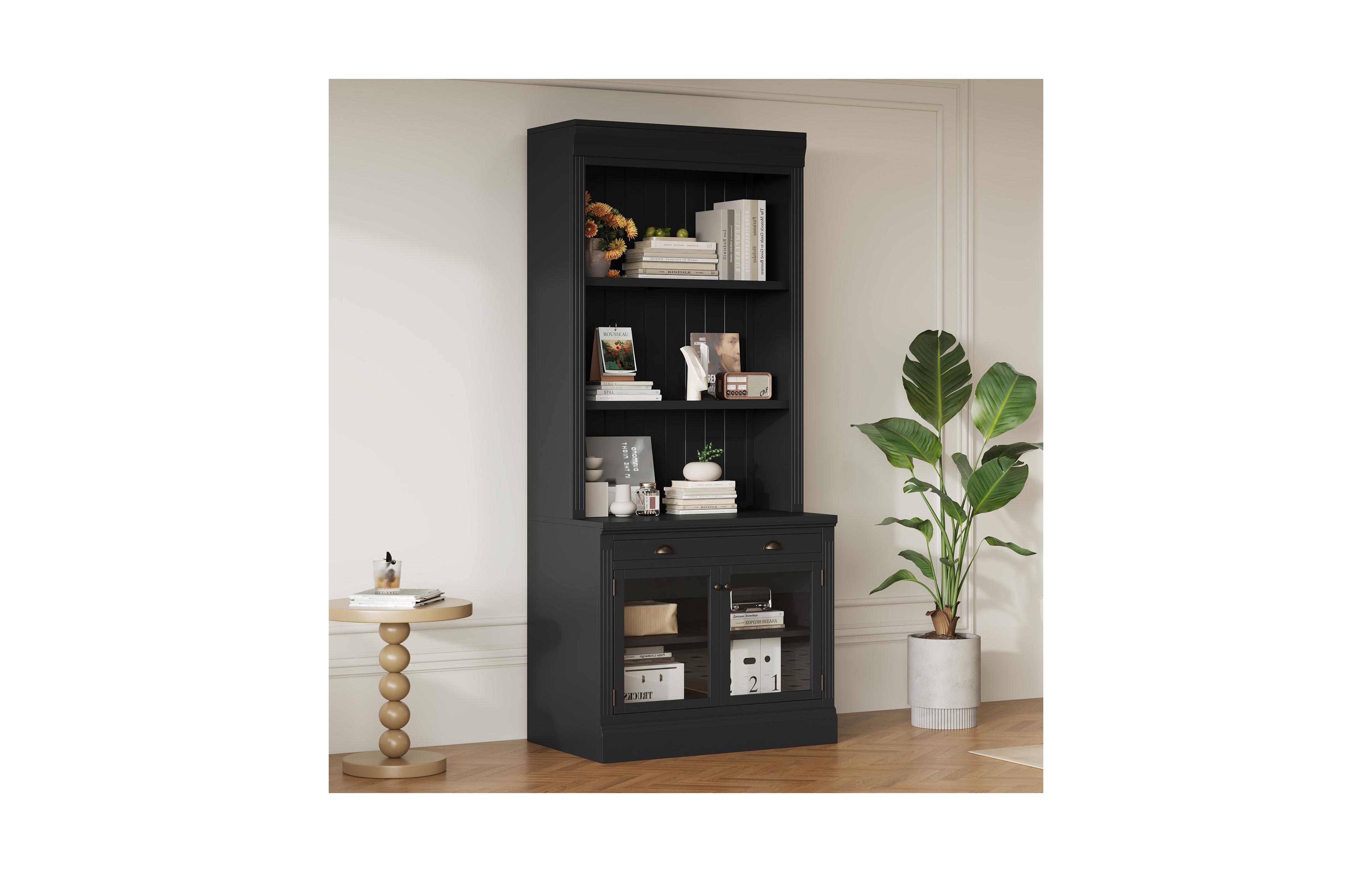 Lovmor Elegant Glass Door Bookcase with Shelves and Drawer