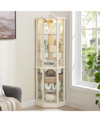 Lighted Corner Glass Curio Cabinet, Bar & Wine Cabinet, White