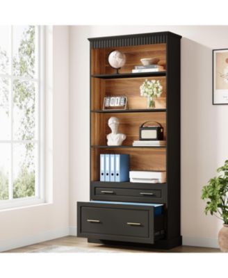 2-Drawer Vertical File Cabinet, Modern Black Filing Cabinet with 5-Tier Bookshelf, Large Printer Stand