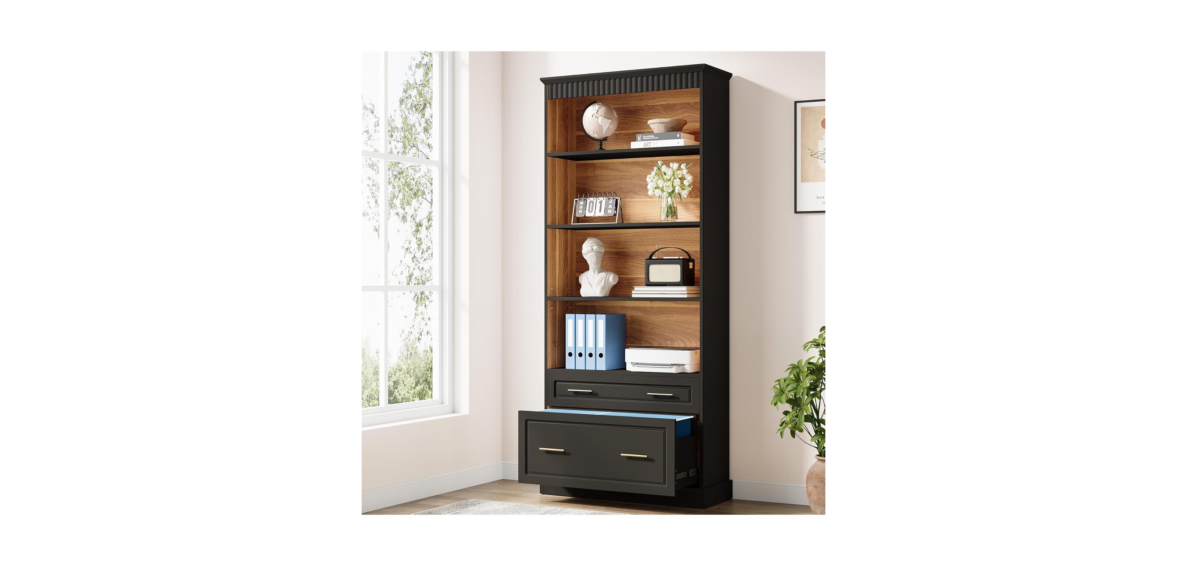 Tribesigns 2-Drawer Vertical File Cabinet, Modern Black Filing Cabinet with 5-Tier Bookshelf, Large Printer Stand