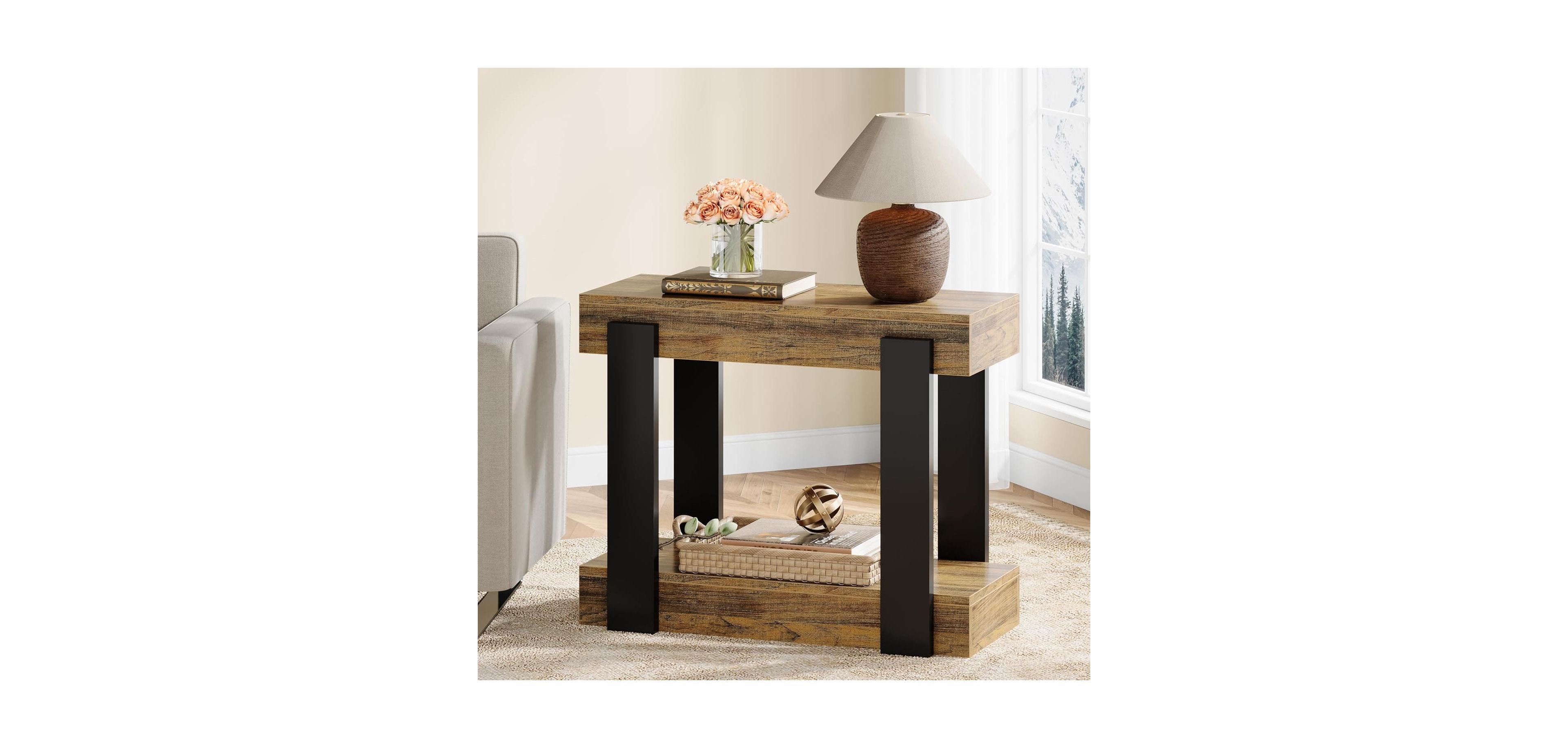 Tribesigns Narrow Wood End Table, 2-Tier Farmhouse Side Table for Living Room