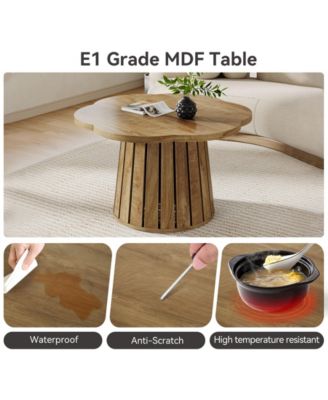 33.5" Round Coffee Table, Farmhouse Circle Center Table with Floral Tabletop & Wood Base