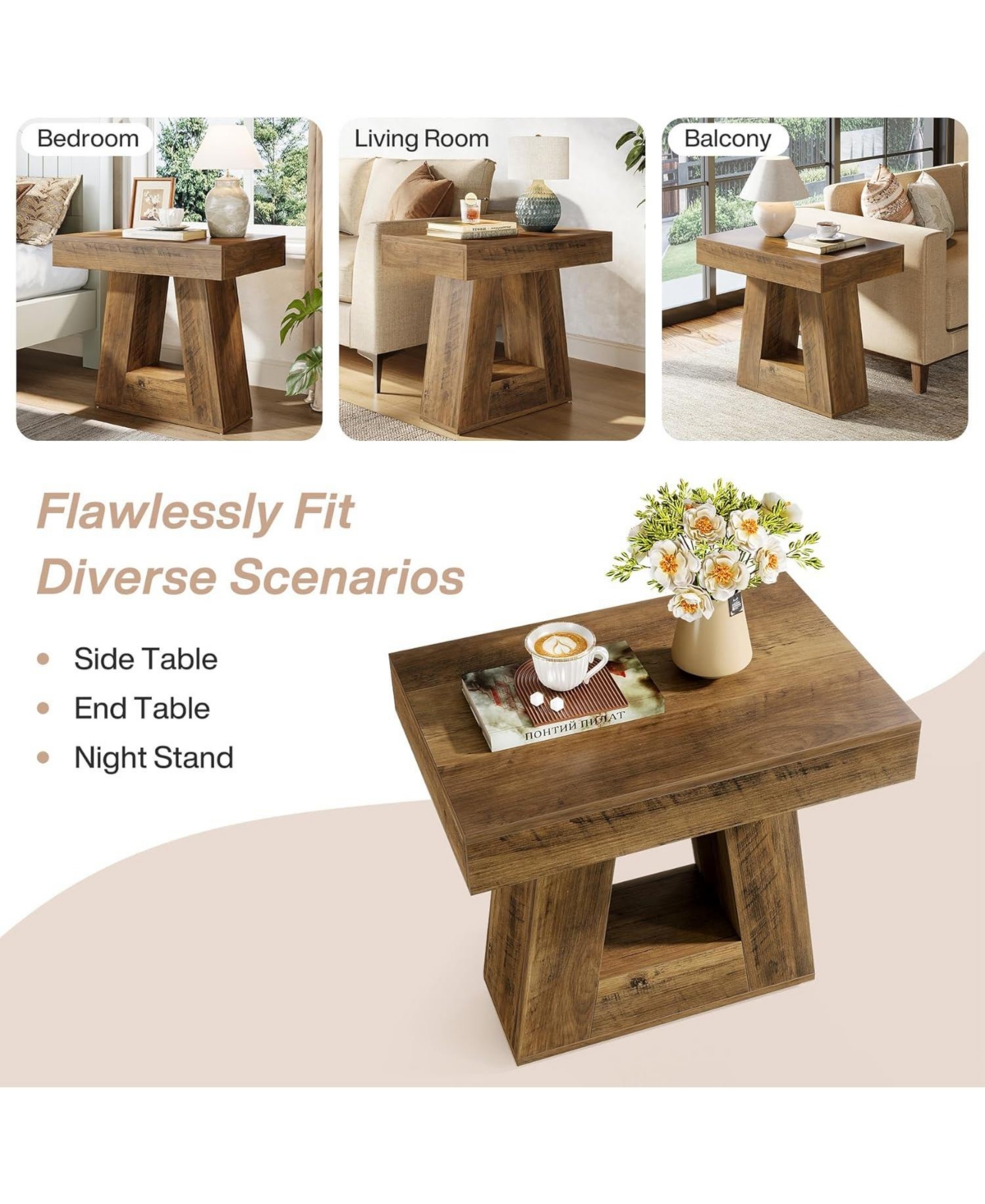 Tribesigns 24" Modern Side Table, 2-Tier Narrow Wooden End Table with Trapezoid Base (1, Brown)