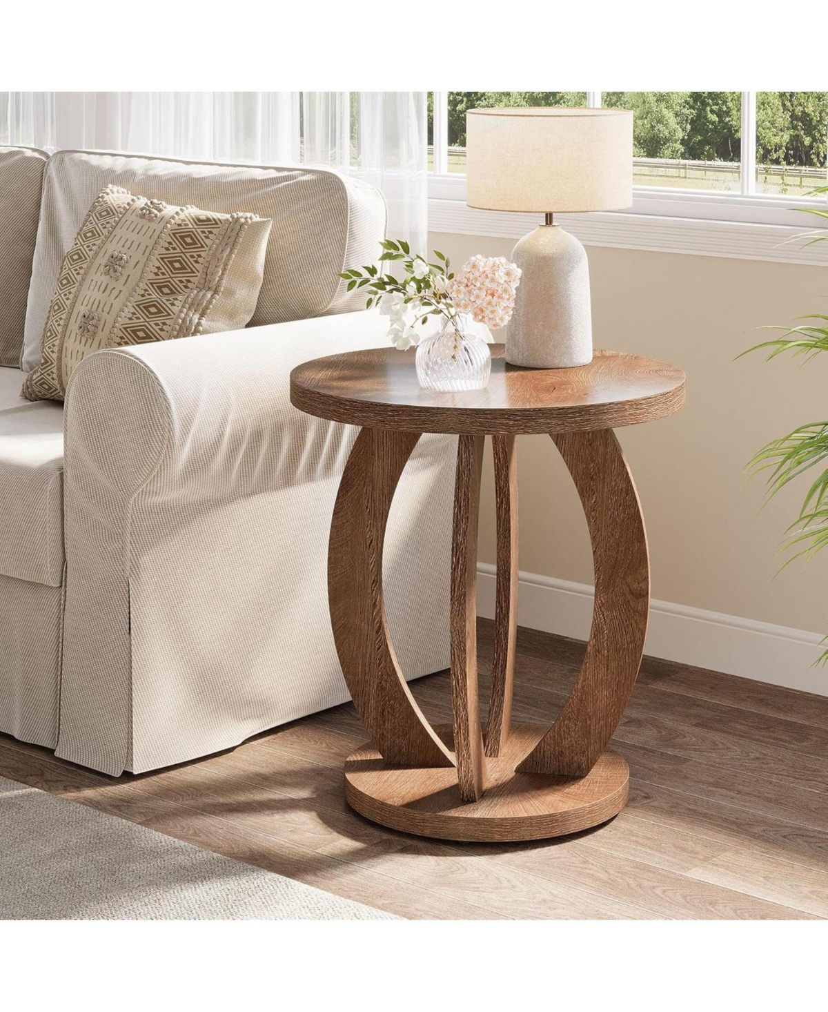 Tribesigns End Table, Round Side Table with Storage, Farmhouse Nightstand Bedside with Round Tabletop
