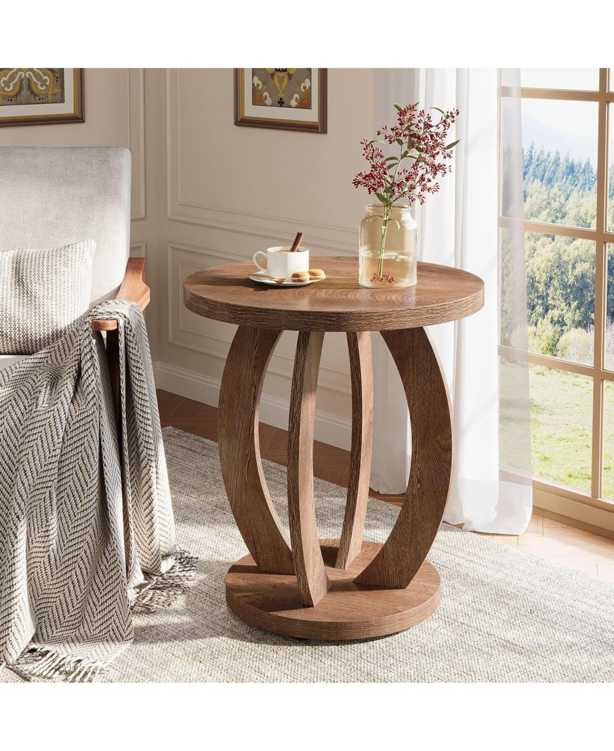 Tribesigns End Table, Round Side Table with Storage, Farmhouse Nightstand Bedside with Round Tabletop