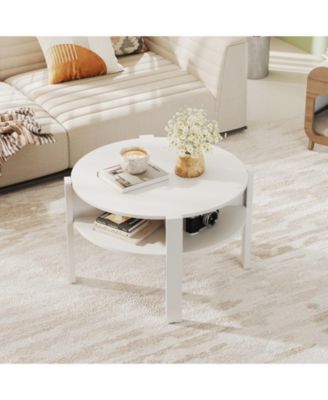 29.5'' 2-Tier Round Coffee Table w/ Storage 4 Shelves Faux Wooden Top