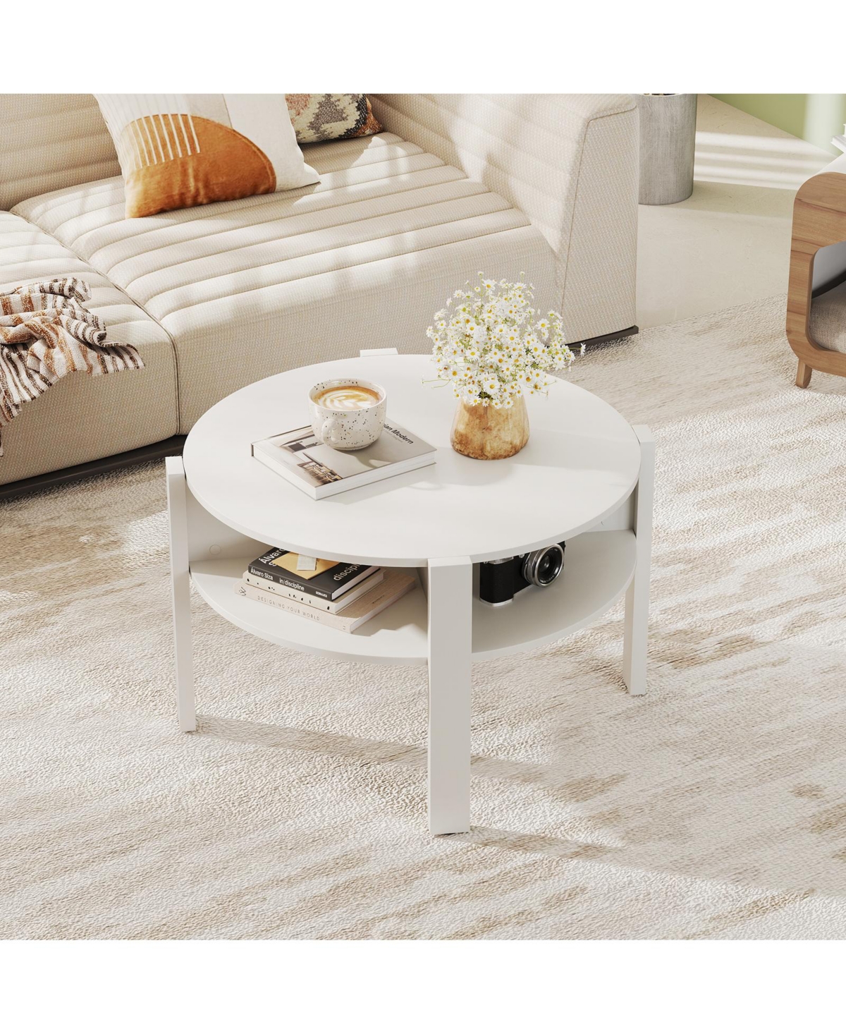 Gymax 29.5'' 2-Tier Round Coffee Table w/ Storage 4 Shelves Faux Wooden Top