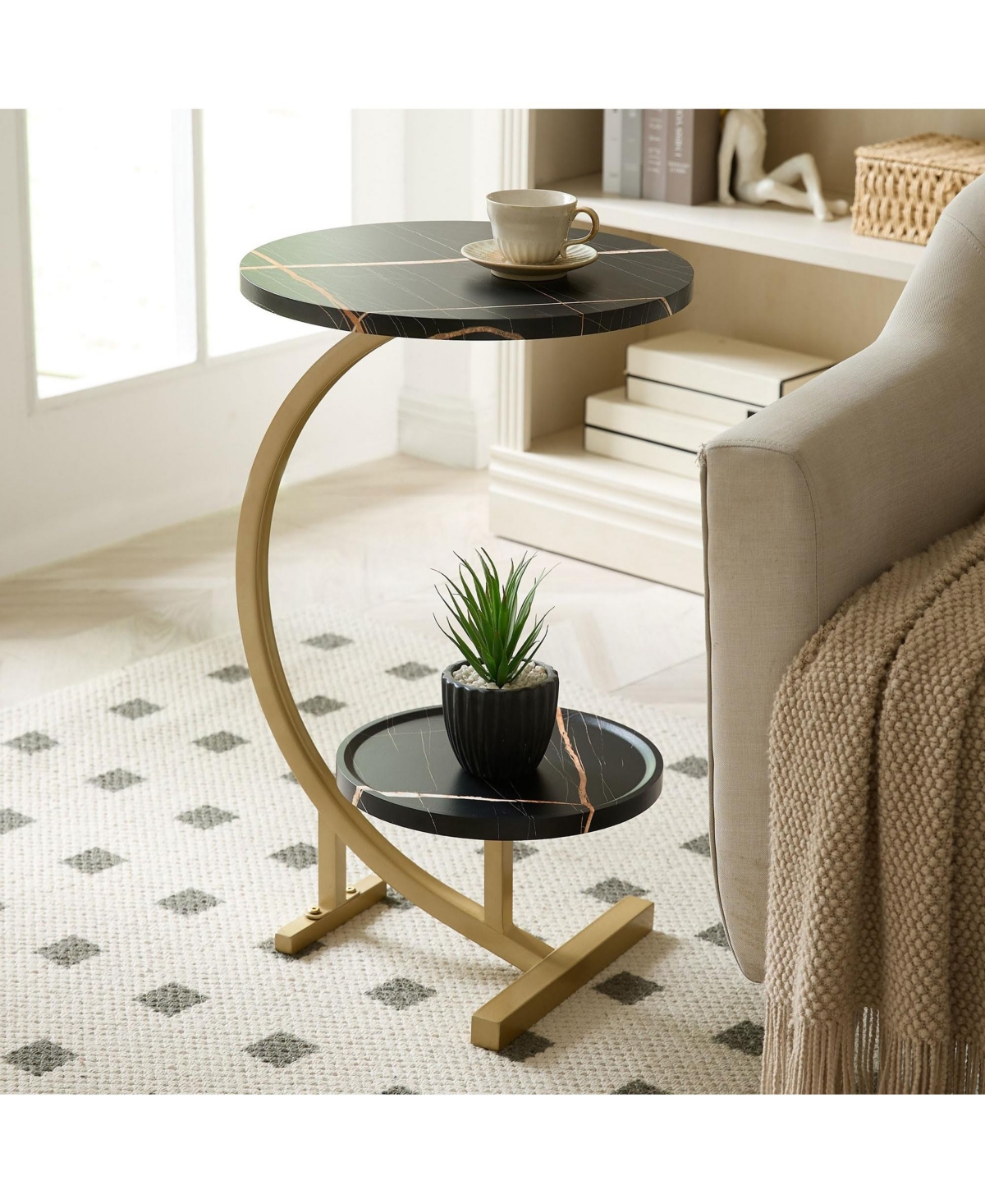 Kings Brand Furniture Rouge C-Shaped Side Table – Faux Marble Top & Gold Metal Frame Modern Accent Table, Sofa