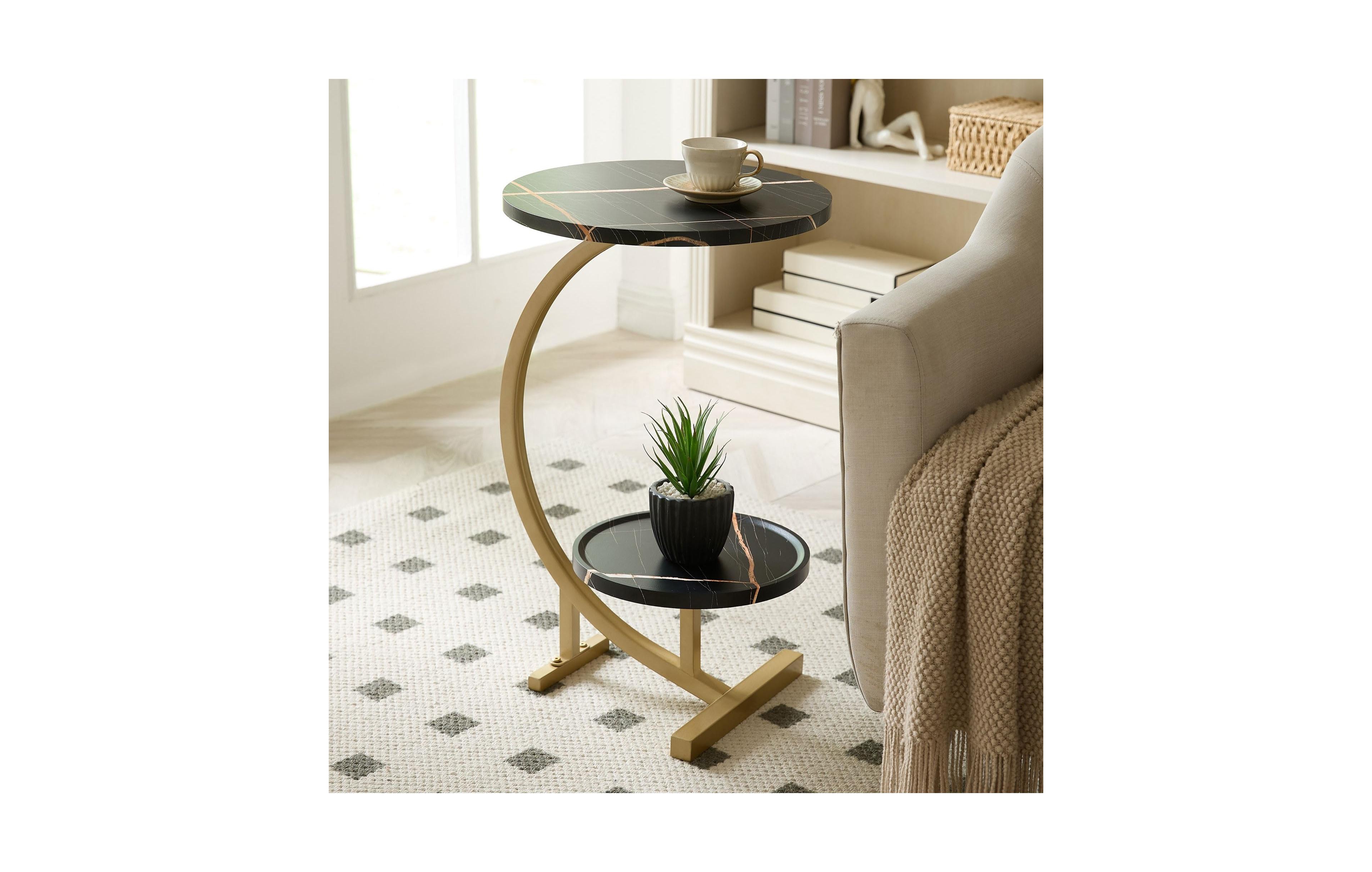 Kings Brand Furniture Rouge C-Shaped Side Table – Faux Marble Top & Gold Metal Frame Modern Accent Table, Sofa