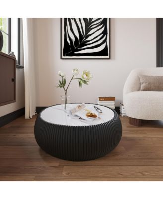 27.55" Modern Drum-Shaped Coffee Table with PU Leather and Marble Top