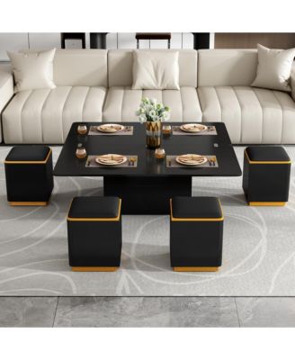Lift-Top Coffee Table with 4 Storage Stools, Modern Space Saving Center Table with Foldable Top, Multi-Functional Adjustable Coffee  Table