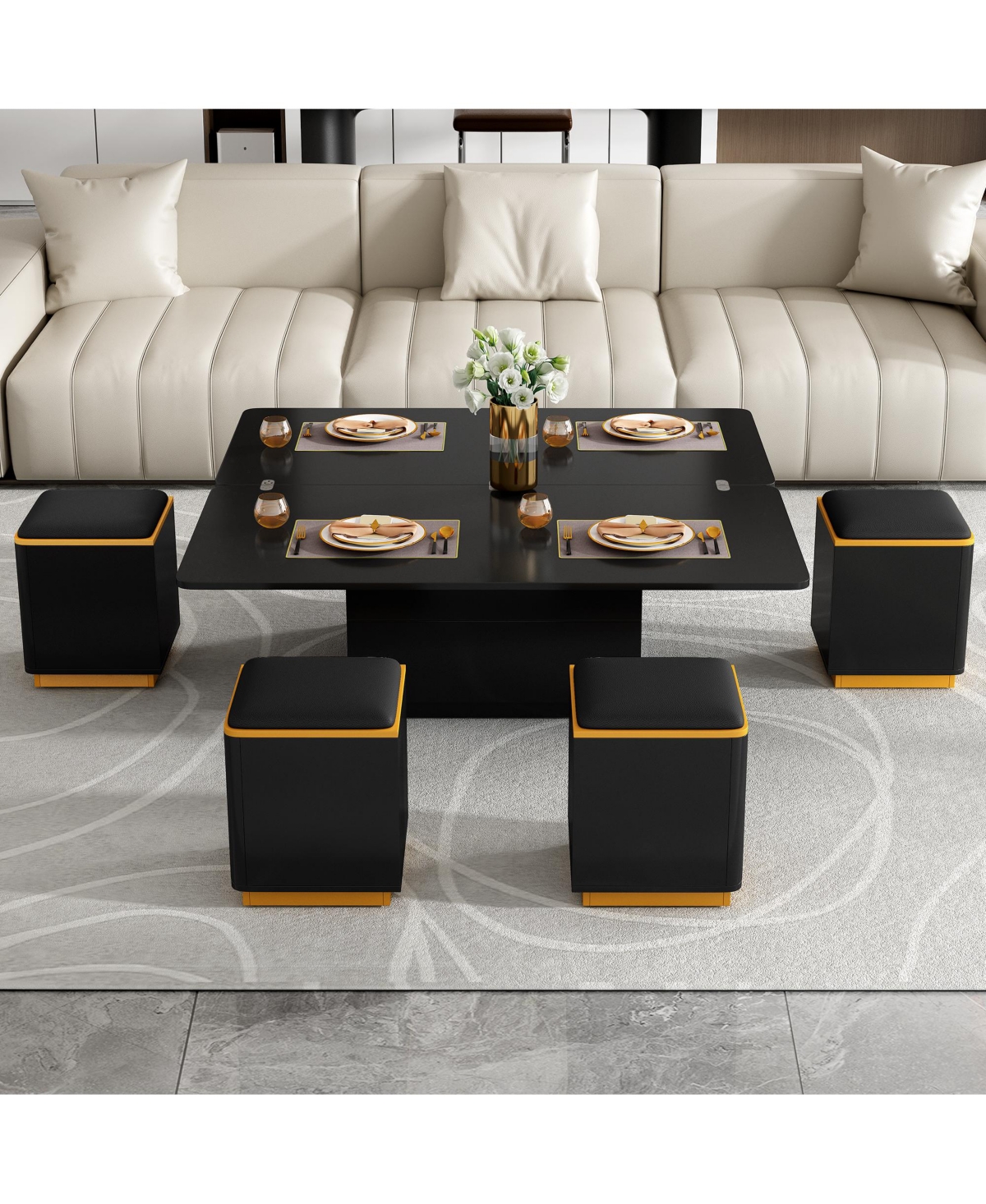 Lovmor Lift-Top Coffee Table with 4 Storage Stools, Modern Space Saving Center Table with Foldable Top, Multi-Functional Adjustable Coffee Table