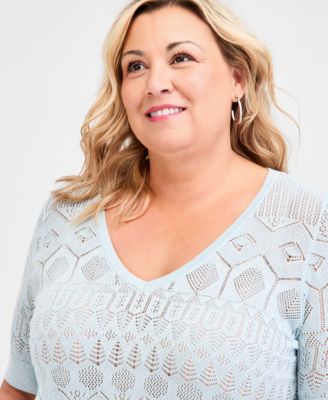 Plus Size Metallic Pointelle Knit Elbow-Sleeve Sweater