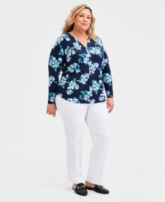 Plus Size Printed Split-Neck Long-Sleeve Top