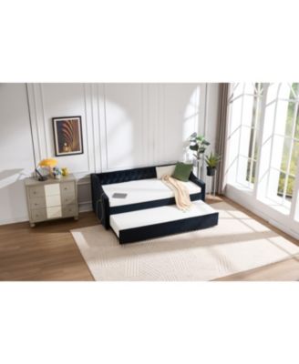 Twin Upholstered Daybed with Trundle, USB, Pockets, Velvet, Button Tufted