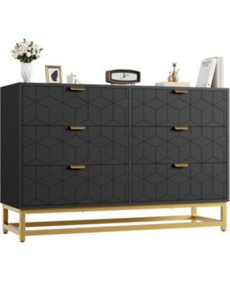 47.2" Wide Modern 6 Drawer Dresser, Wide Chest with Gold Metal Legs & Handles, Wood Storage Organizer for Bedroom, Living Room