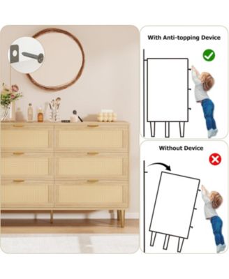 Rattan 6 Drawer Dresser, Wide Double Dresser with Gold Handles & Legs, Modern Chest with Large Storage for Bedroom or Living Room